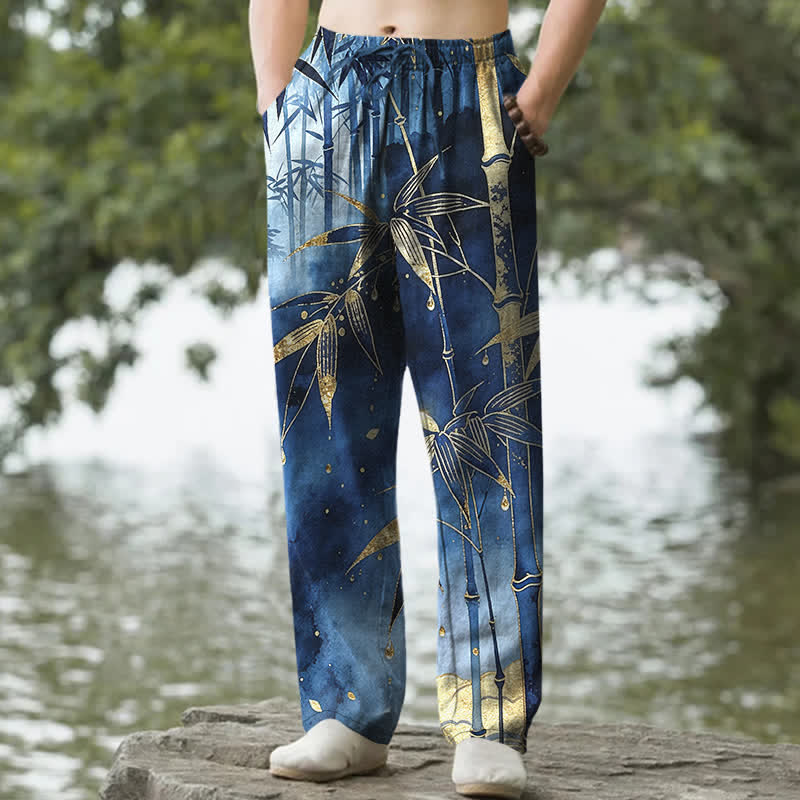 Buddha Stones Herrenhose aus Baumwolle mit goldenem Bambusblattmuster, schmal zulaufendem Schnitt und Taschen - Marine - US/ UK/AU50, EU60 (5XL) - image 0