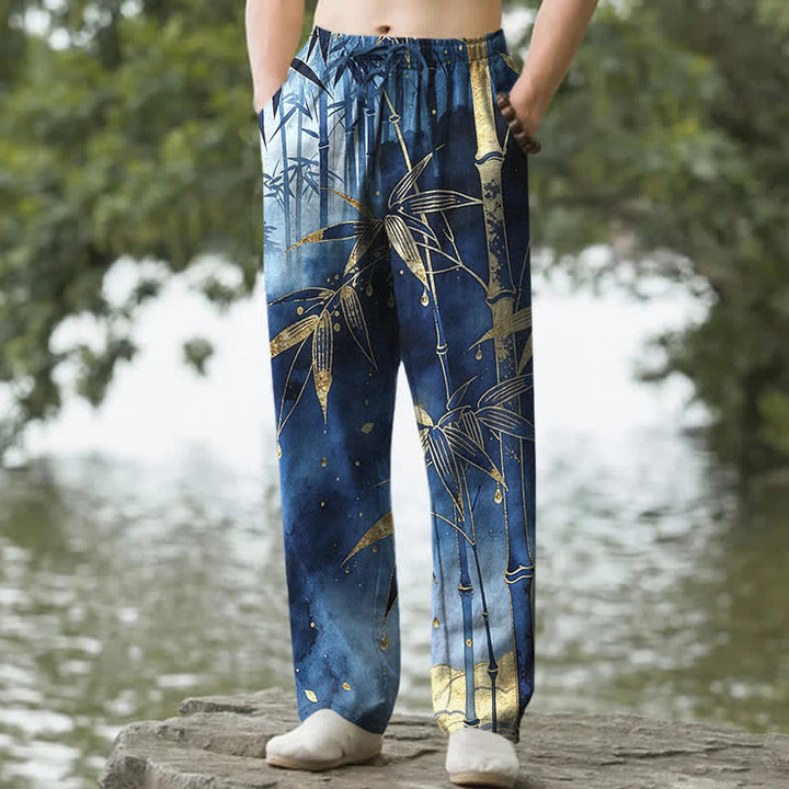 Buddha Stones Herrenhose aus Baumwolle mit goldenem Bambusblattmuster, schmal zulaufendem Schnitt und Taschen - Marine - US/ UK/AU50, EU60 (5XL) - image 0
