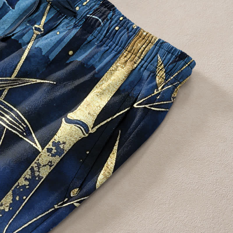 Buddha Stones Herrenhose aus Baumwolle mit goldenem Bambusblattmuster, schmal zulaufendem Schnitt und Taschen - image 2