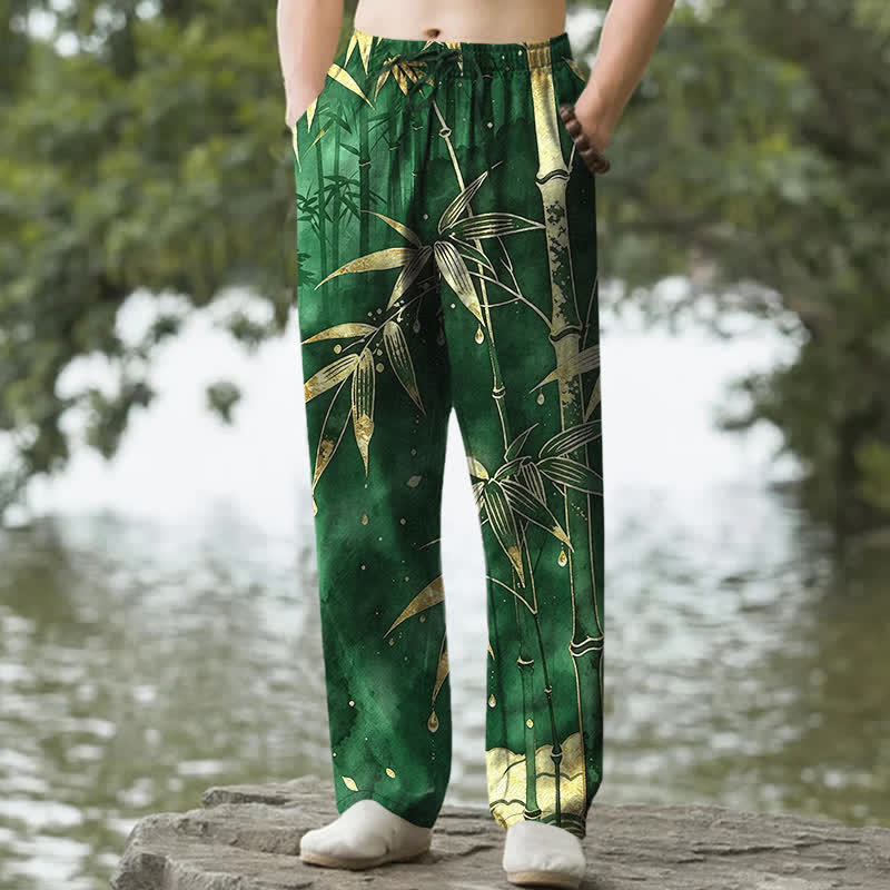Buddha Stones Herrenhose aus Baumwolle mit goldenem Bambusblattmuster, schmal zulaufendem Schnitt und Taschen - Waldgrün - US/ UK/AU50, EU60 (5XL) - image 4