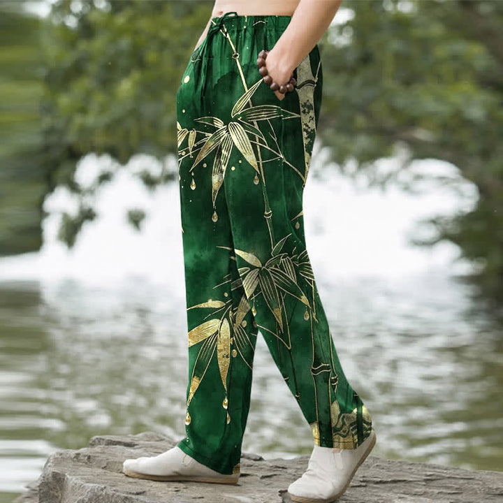 Buddha Stones Herrenhose aus Baumwolle mit goldenem Bambusblattmuster, schmal zulaufendem Schnitt und Taschen - image 5