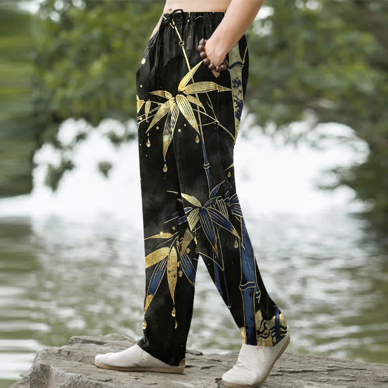 Buddha Stones Herrenhose aus Baumwolle mit goldenem Bambusblattmuster, schmal zulaufendem Schnitt und Taschen - image 7