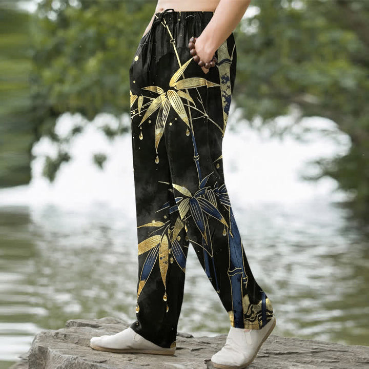 Buddha Stones Herrenhose aus Baumwolle mit goldenem Bambusblattmuster, schmal zulaufendem Schnitt und Taschen - image 7