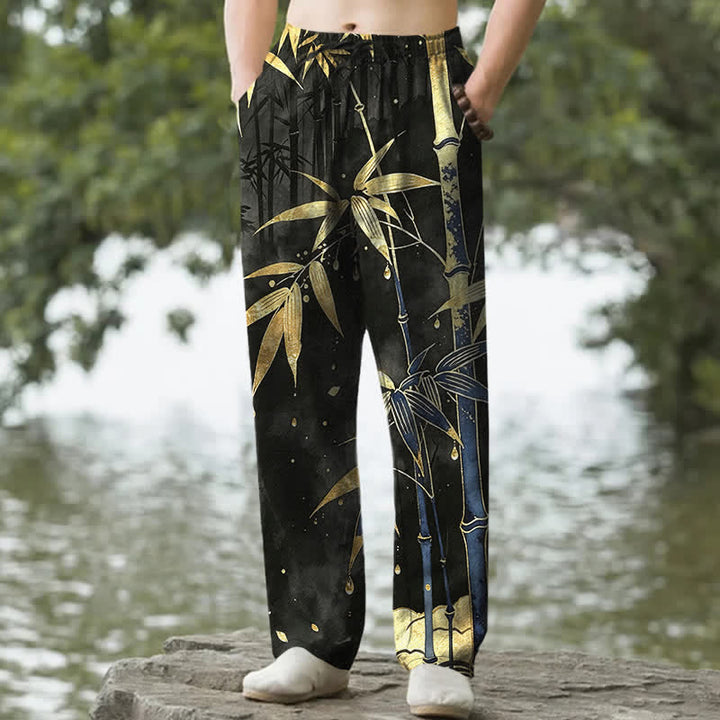 Buddha Stones Herrenhose aus Baumwolle mit goldenem Bambusblattmuster, schmal zulaufendem Schnitt und Taschen - Schwarz - US/ UK/AU50, EU60 (5XL) - image 6