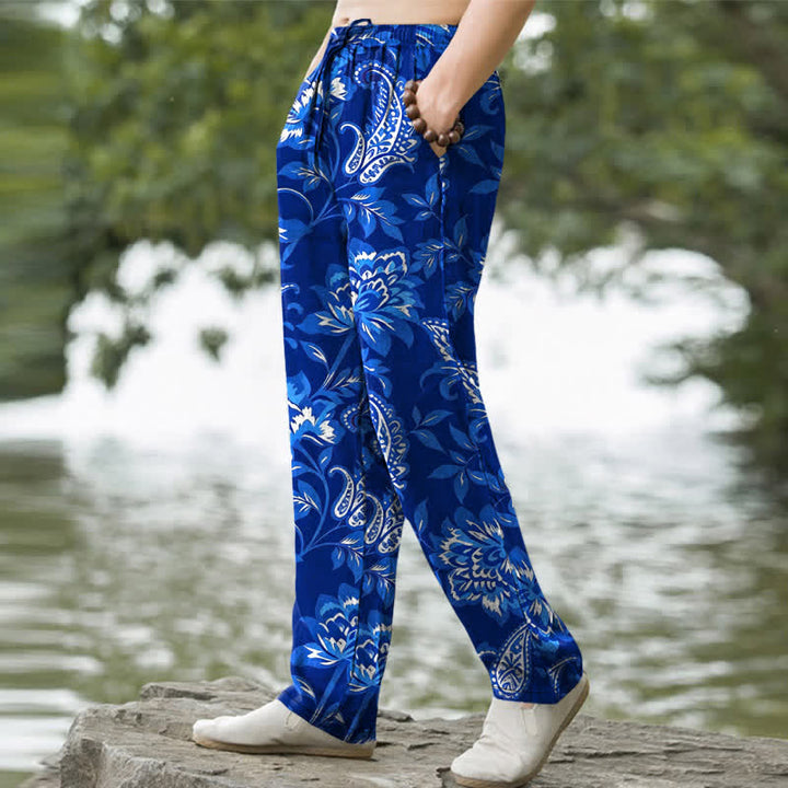 Buddha Stones Herrenhose aus Baumwolle mit blauem Paisley-Blumenmuster, schmal zulaufendem Schnitt und Taschen - image 5