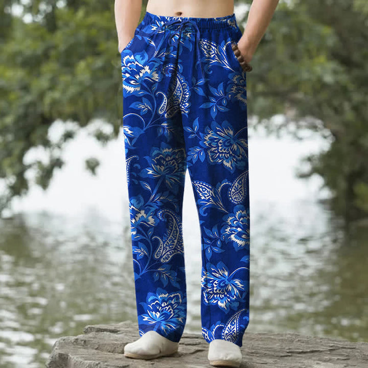Buddha Stones Herrenhose aus Baumwolle mit blauem Paisley-Blumenmuster, schmal zulaufendem Schnitt und Taschen - Königsblau - US/ UK/AU50, EU60 (5XL) - image 4