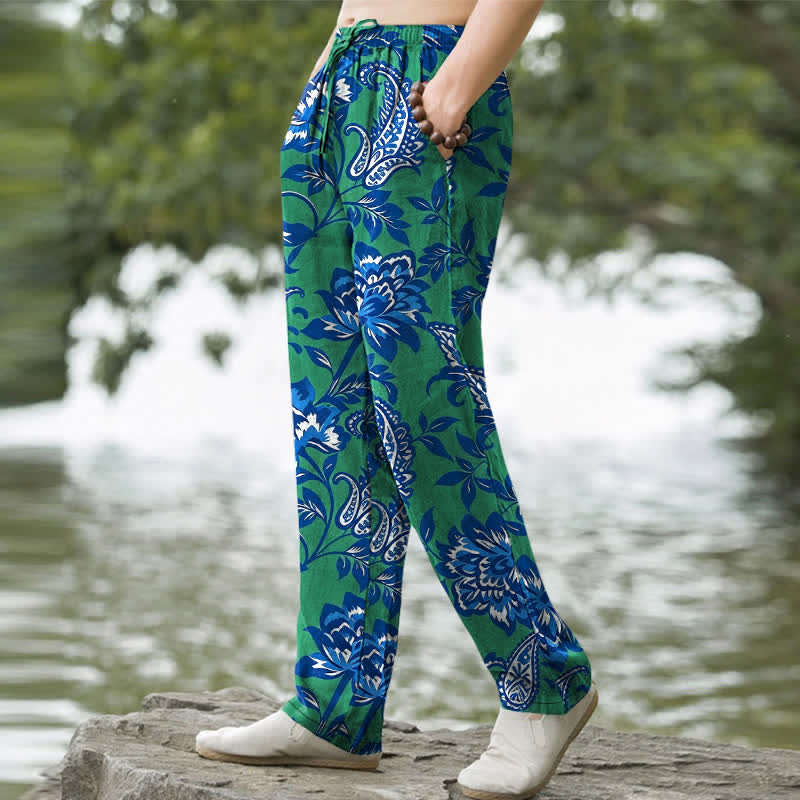 Buddha Stones Herrenhose aus Baumwolle mit blauem Paisley-Blumenmuster, schmal zulaufendem Schnitt und Taschen - image 7
