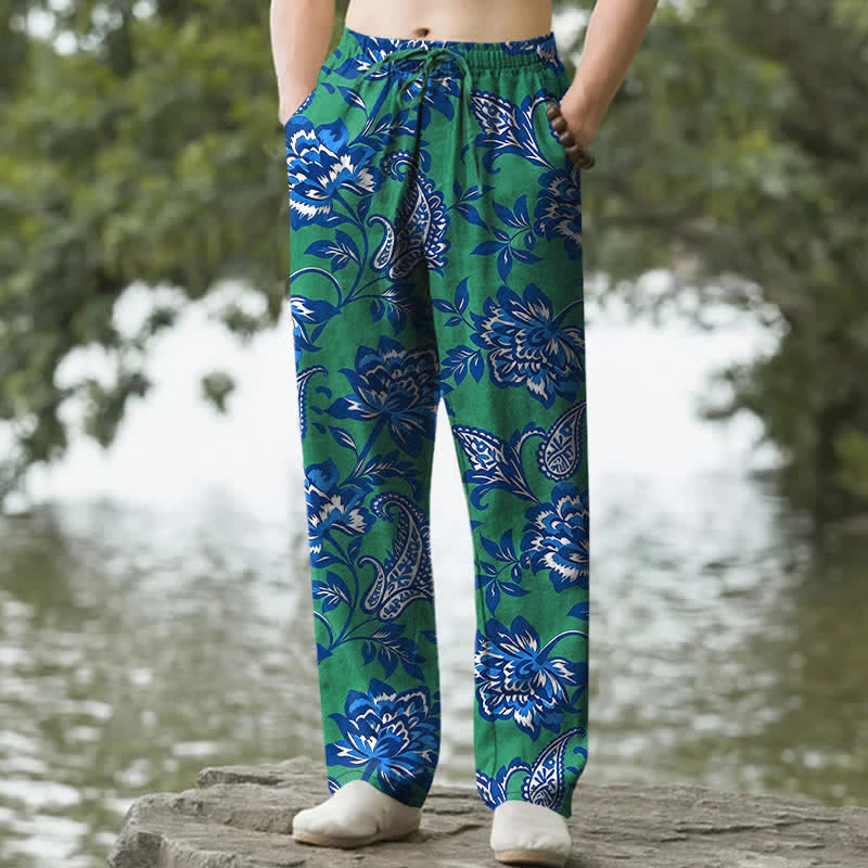 Buddha Stones Herrenhose aus Baumwolle mit blauem Paisley-Blumenmuster, schmal zulaufendem Schnitt und Taschen - Mittelseegrün - US/ UK/AU50, EU60 (5XL) - image 6