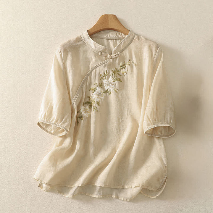 Buddha Stones Sommerliches Kurzarmhemd im Tang-Stil mit Blumenstickerei, Stehkragen und einfarbigem Design für Damen. - Beige - US 8-10, UK/AU 12-14, EU 40-42 (2XL) - image 6