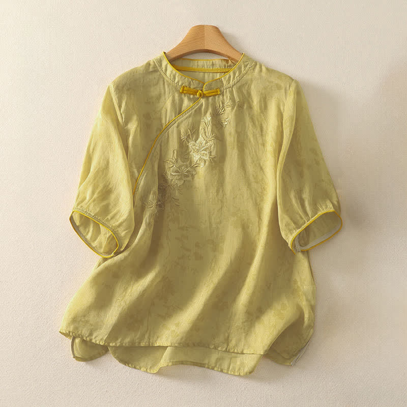 Buddha Stones Sommerliches Kurzarmhemd im Tang-Stil mit Blumenstickerei, Stehkragen und einfarbigem Design für Damen. - khaki - US 8-10, UK/AU 12-14, EU 40-42 (2XL) - image 0