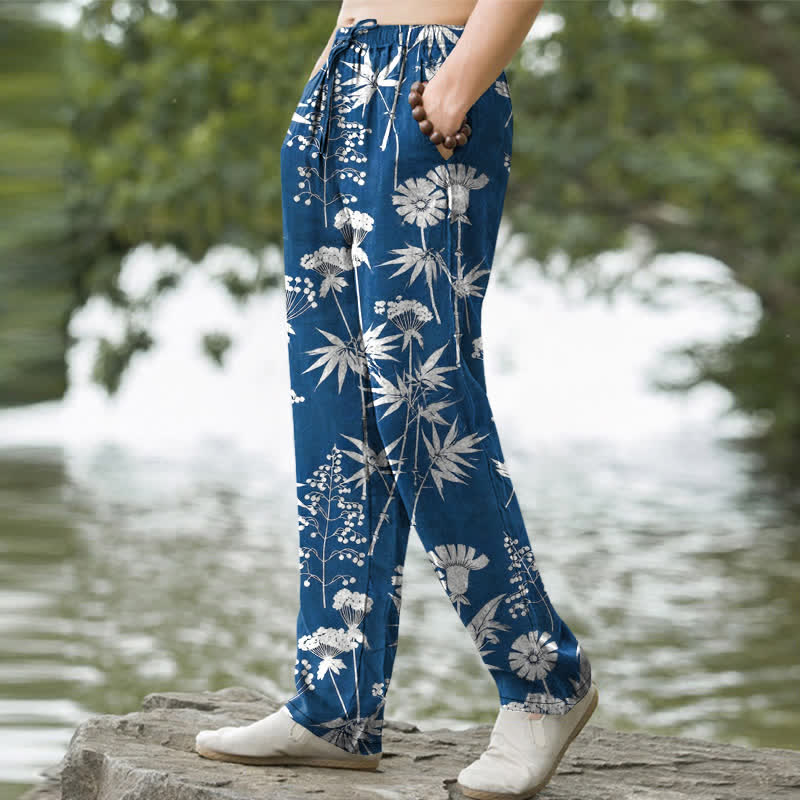 Buddha Stones Herrenhose aus Baumwolle mit Bambusblatt- und Blumenmuster, schmal zulaufend und mit Taschen - image 1