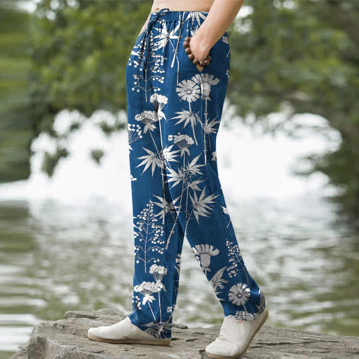 Buddha Stones Herrenhose aus Baumwolle mit Bambusblatt- und Blumenmuster, schmal zulaufend und mit Taschen - image 1
