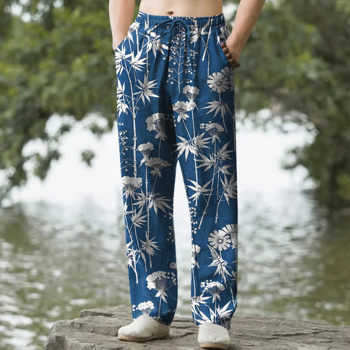 Buddha Stones Herrenhose aus Baumwolle mit Bambusblatt- und Blumenmuster, schmal zulaufend und mit Taschen - Königsblau - US/ UK/AU50, EU60 (5XL) - image 0