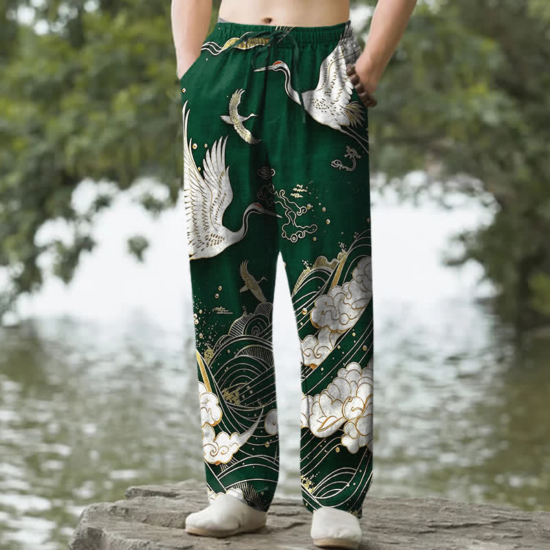 Buddha Stones Weiße, schmal zulaufende Herrenhose aus Baumwolle mit Kranich-Wellenmuster und Taschen - Waldgrün - US/ UK/AU50, EU60 (5XL) - image 4
