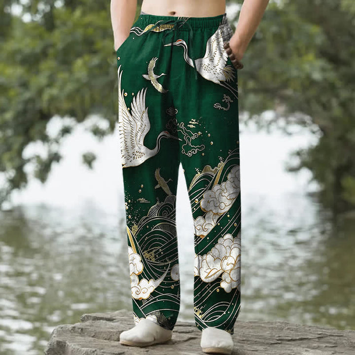 Buddha Stones Weiße, schmal zulaufende Herrenhose aus Baumwolle mit Kranich-Wellenmuster und Taschen - Waldgrün - US/ UK/AU50, EU60 (5XL) - image 4