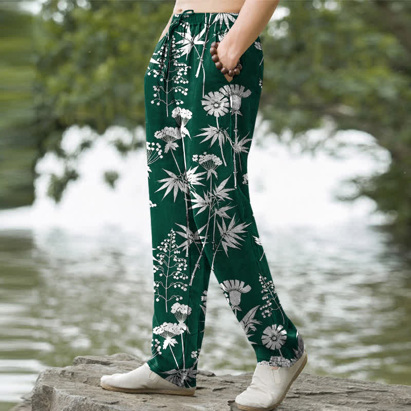 Buddha Stones Herrenhose aus Baumwolle mit Bambusblatt- und Blumenmuster, schmal zulaufend und mit Taschen - image 5