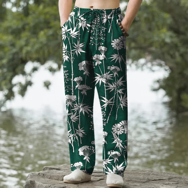 Buddha Stones Herrenhose aus Baumwolle mit Bambusblatt- und Blumenmuster, schmal zulaufend und mit Taschen - Waldgrün - US/ UK/AU50, EU60 (5XL) - image 4