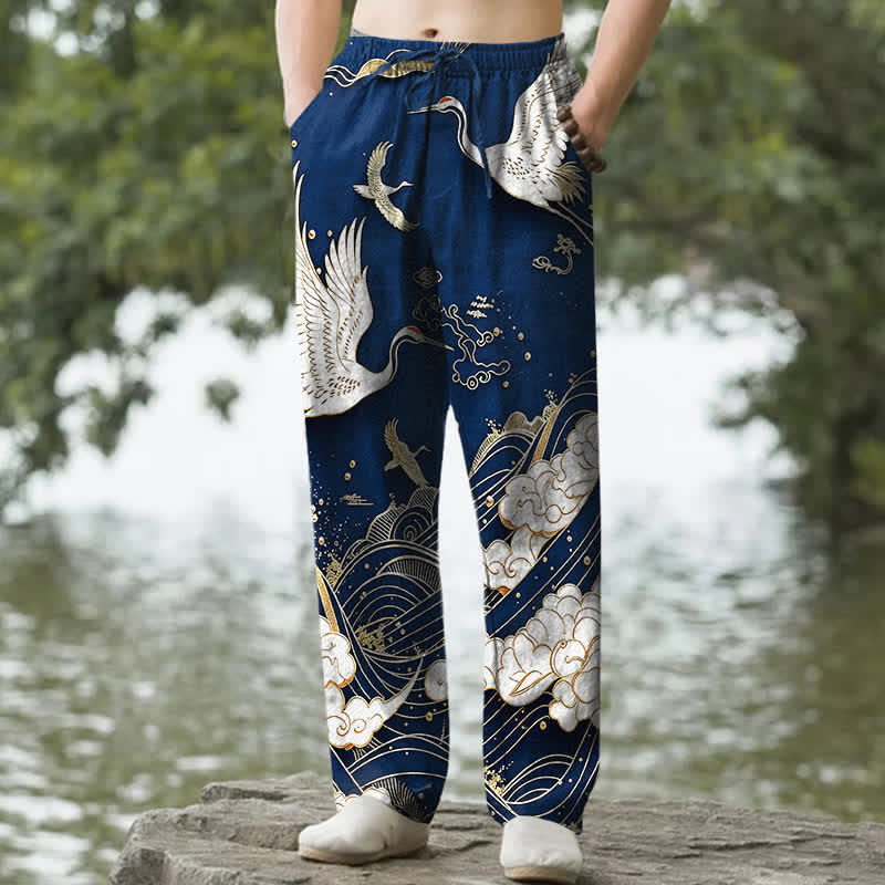 Buddha Stones Weiße, schmal zulaufende Herrenhose aus Baumwolle mit Kranich-Wellenmuster und Taschen - Marine - US/ UK/AU50, EU60 (5XL) - image 6