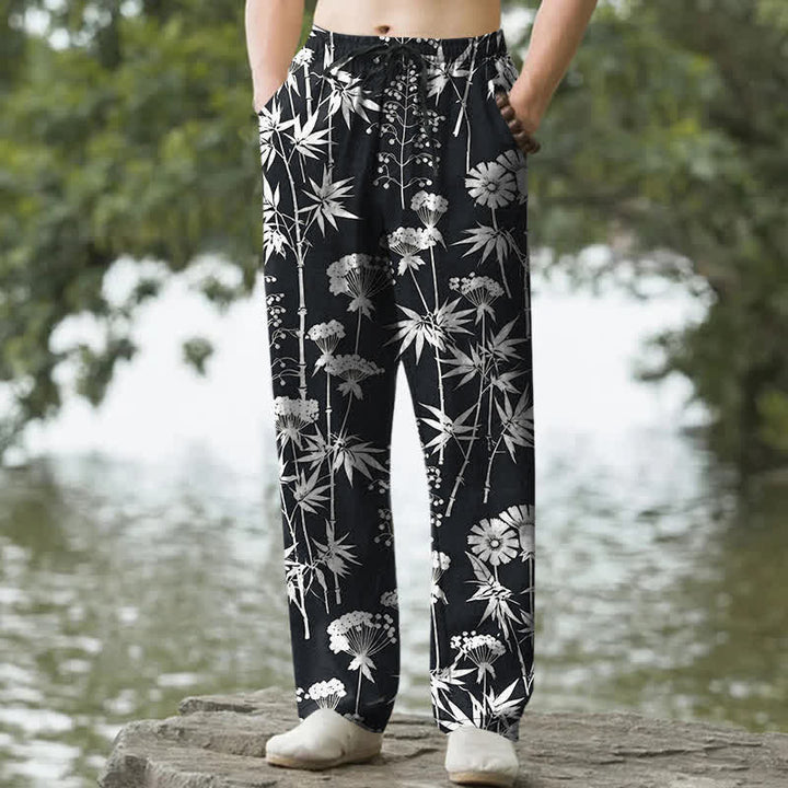 Buddha Stones Herrenhose aus Baumwolle mit Bambusblatt- und Blumenmuster, schmal zulaufend und mit Taschen - Schwarz - US/ UK/AU50, EU60 (5XL) - image 6