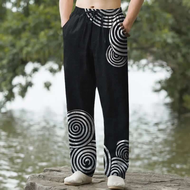 Buddha Stones Herrenhose aus reiner Baumwolle mit konzentrischem Kreismuster, schmal zulaufendem Schnitt und Taschen - Schwarz - US/ UK/AU50, EU60 (5XL) - image 4
