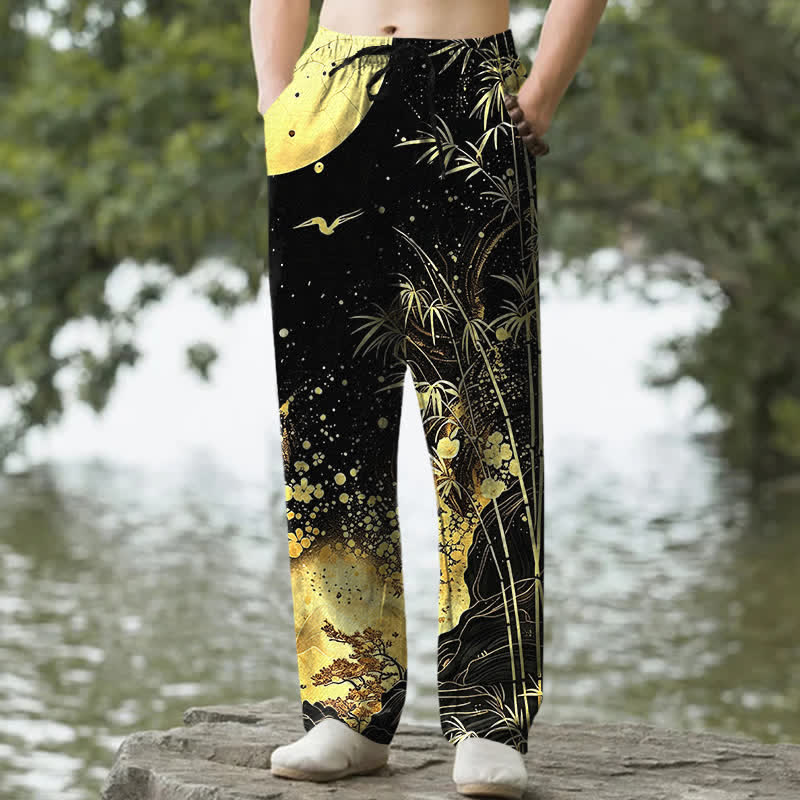 Buddha Stones Herrenhose aus Baumwolle mit goldenem Mond-Bambusmuster, schmal zulaufend und mit Taschen - Schwarz - US/ UK/AU50, EU60 (5XL) - image 0