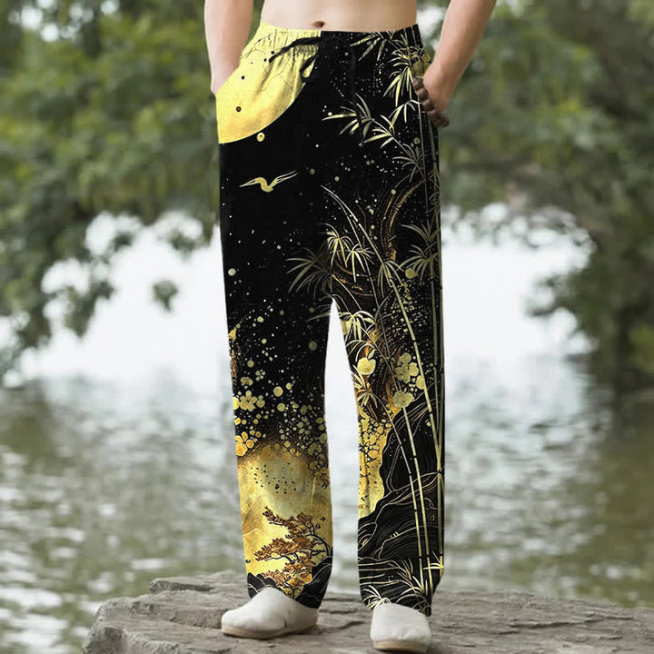 Buddha Stones Herrenhose aus Baumwolle mit goldenem Mond-Bambusmuster, schmal zulaufend und mit Taschen - Schwarz - US/ UK/AU50, EU60 (5XL) - image 0