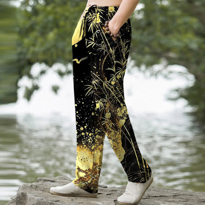 Buddha Stones Herrenhose aus Baumwolle mit goldenem Mond-Bambusmuster, schmal zulaufend und mit Taschen - image 1