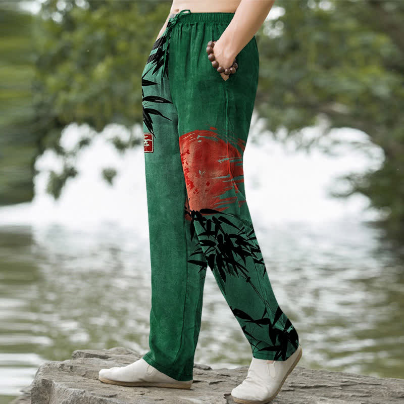 Buddha Stones Herrenhose aus Baumwolle mit Bambus-Sonnenmuster, schmal zulaufend und mit Taschen - image 1