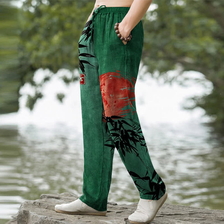 Buddha Stones Herrenhose aus Baumwolle mit Bambus-Sonnenmuster, schmal zulaufend und mit Taschen - image 1