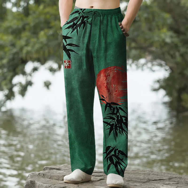 Buddha Stones Herrenhose aus Baumwolle mit Bambus-Sonnenmuster, schmal zulaufend und mit Taschen - Waldgrün - US/ UK/AU50, EU60 (5XL) - image 0