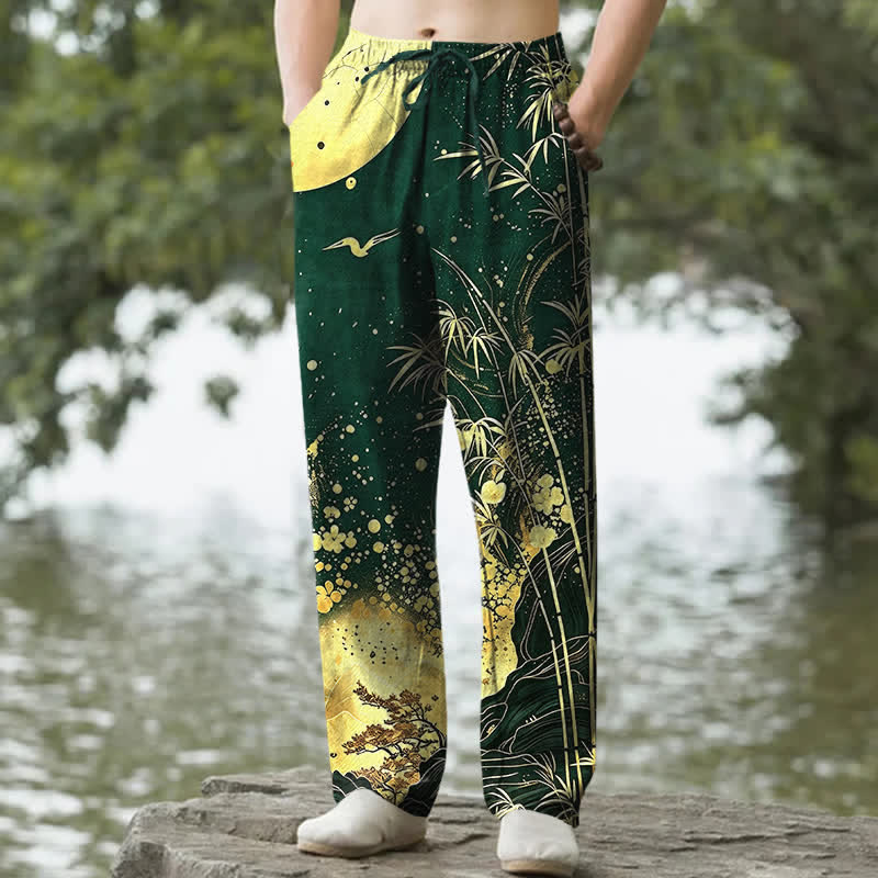 Buddha Stones Herrenhose aus Baumwolle mit goldenem Mond-Bambusmuster, schmal zulaufend und mit Taschen - Waldgrün - US/ UK/AU50, EU60 (5XL) - image 4