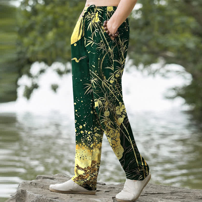 Buddha Stones Herrenhose aus Baumwolle mit goldenem Mond-Bambusmuster, schmal zulaufend und mit Taschen - image 5