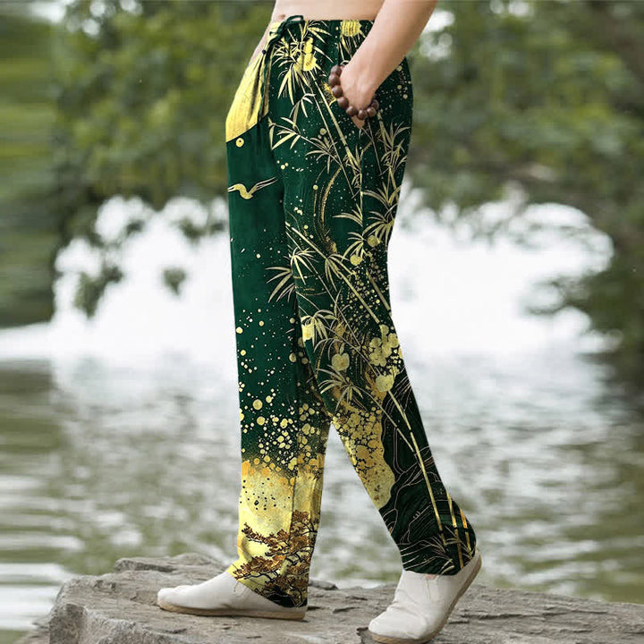Buddha Stones Herrenhose aus Baumwolle mit goldenem Mond-Bambusmuster, schmal zulaufend und mit Taschen - image 5