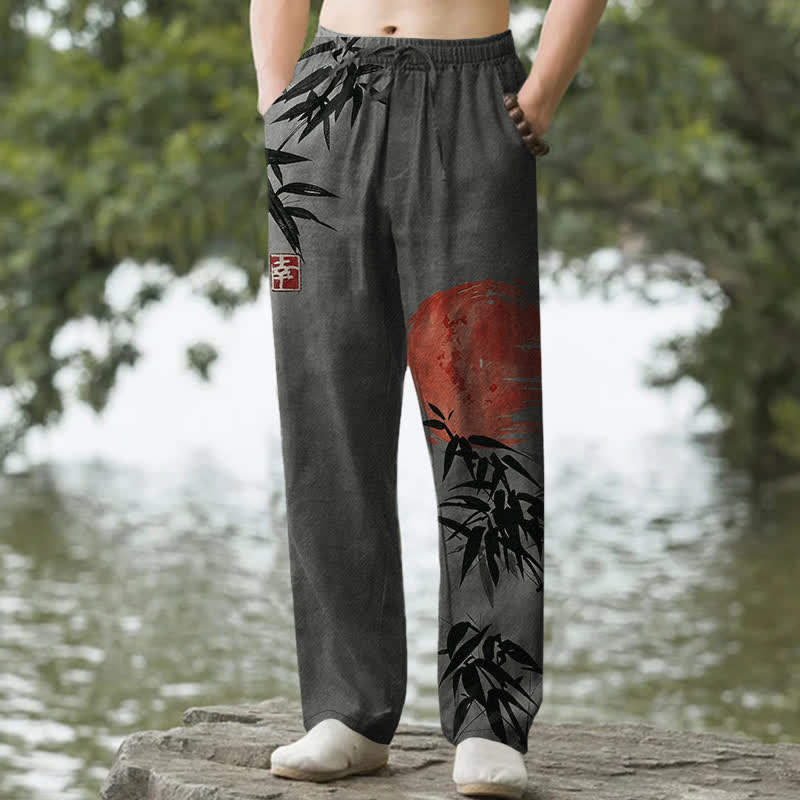 Buddha Stones Herrenhose aus Baumwolle mit Bambus-Sonnenmuster, schmal zulaufend und mit Taschen - DimGray - US/ UK/AU50, EU60 (5XL) - image 4