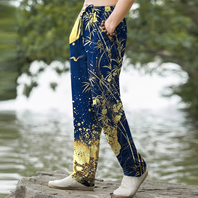 Buddha Stones Herrenhose aus Baumwolle mit goldenem Mond-Bambusmuster, schmal zulaufend und mit Taschen - image 7