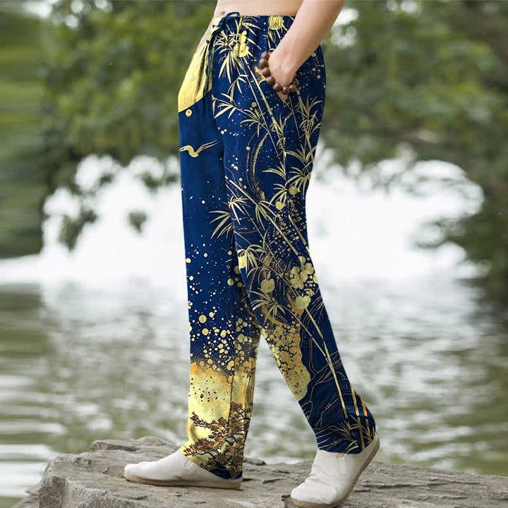 Buddha Stones Herrenhose aus Baumwolle mit goldenem Mond-Bambusmuster, schmal zulaufend und mit Taschen - image 7