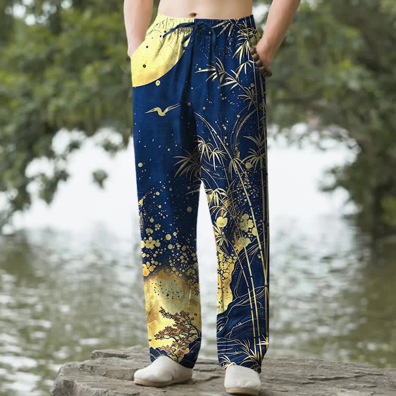 Buddha Stones Herrenhose aus Baumwolle mit goldenem Mond-Bambusmuster, schmal zulaufend und mit Taschen - Marine - US/ UK/AU50, EU60 (5XL) - image 6