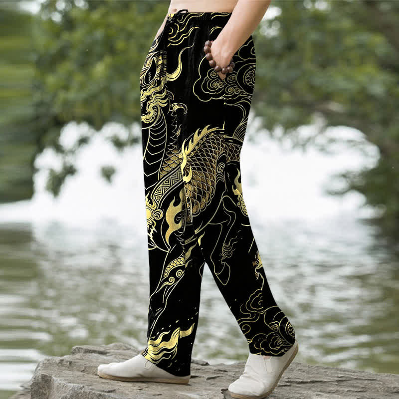 Buddha Stones Herren-Baumwollhose mit goldenem Drachen- und Wolkenmuster, schmal zulaufend und mit Taschen - image 1
