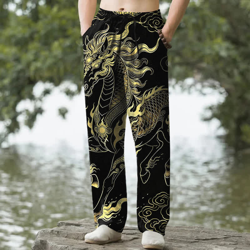 Buddha Stones Herren-Baumwollhose mit goldenem Drachen- und Wolkenmuster, schmal zulaufend und mit Taschen - Schwarz - US/ UK/AU50, EU60 (5XL) - image 0