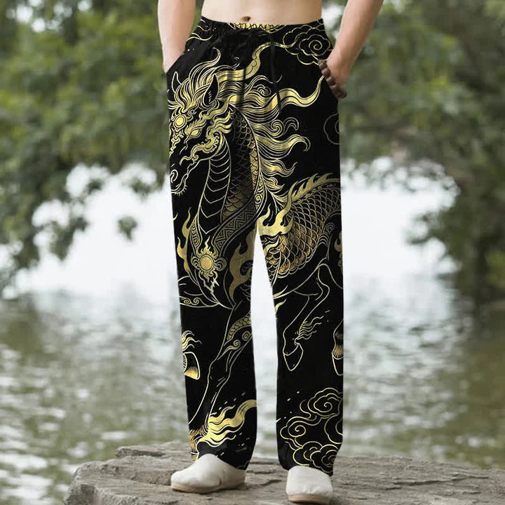 Buddha Stones Herren-Baumwollhose mit goldenem Drachen- und Wolkenmuster, schmal zulaufend und mit Taschen - Schwarz - US/ UK/AU50, EU60 (5XL) - image 0
