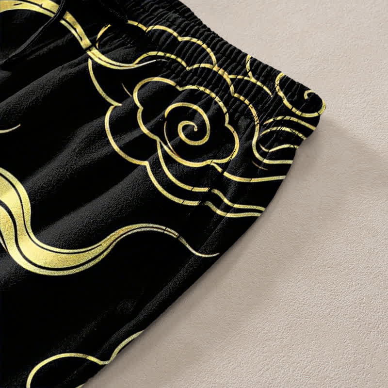 Buddha Stones Herren-Baumwollhose mit goldenem Drachen- und Wolkenmuster, schmal zulaufend und mit Taschen - image 2