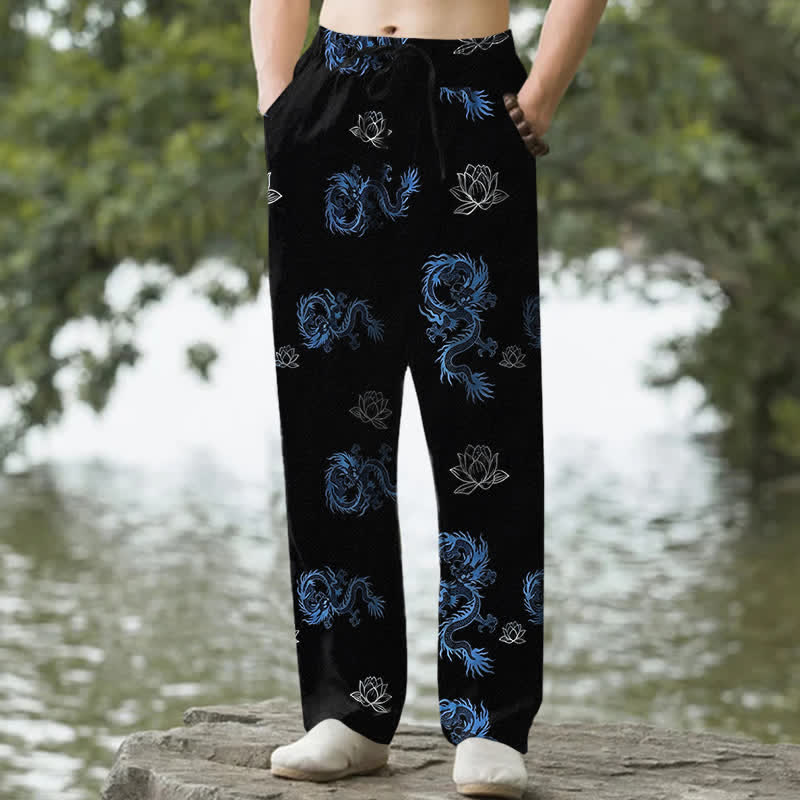 Buddha Stones Herrenhose aus Baumwolle mit Drachen- und Lotusmuster, schmal zulaufend und mit Taschen - Schwarz - US/ UK/AU50, EU60 (5XL) - image 0