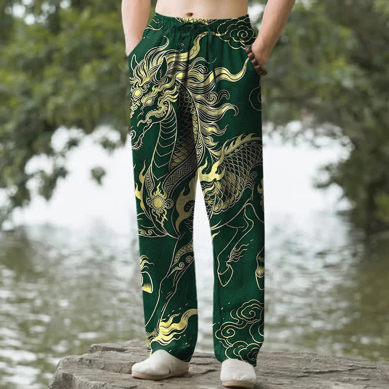 Buddha Stones Herren-Baumwollhose mit goldenem Drachen- und Wolkenmuster, schmal zulaufend und mit Taschen - Waldgrün - US/ UK/AU50, EU60 (5XL) - image 4