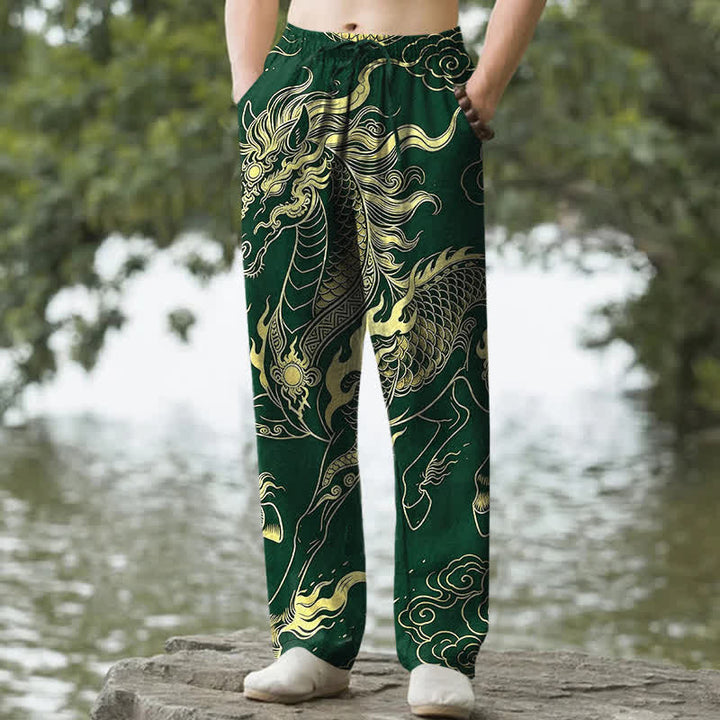 Buddha Stones Herren-Baumwollhose mit goldenem Drachen- und Wolkenmuster, schmal zulaufend und mit Taschen - Waldgrün - US/ UK/AU50, EU60 (5XL) - image 4
