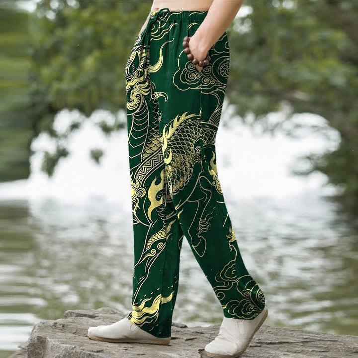 Buddha Stones Herren-Baumwollhose mit goldenem Drachen- und Wolkenmuster, schmal zulaufend und mit Taschen - image 5