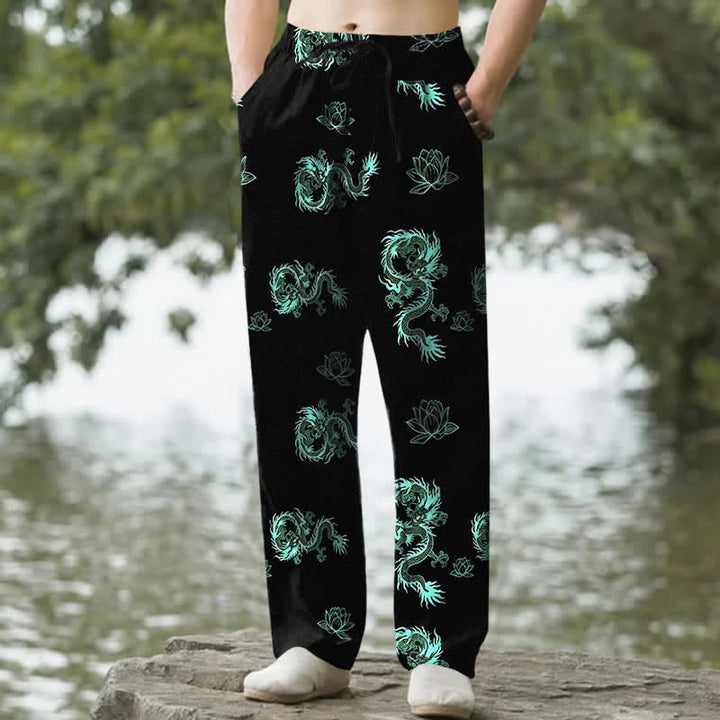 Buddha Stones Herrenhose aus Baumwolle mit Drachen- und Lotusmuster, schmal zulaufend und mit Taschen - Aquamarin - US/ UK/AU50, EU60 (5XL) - image 4