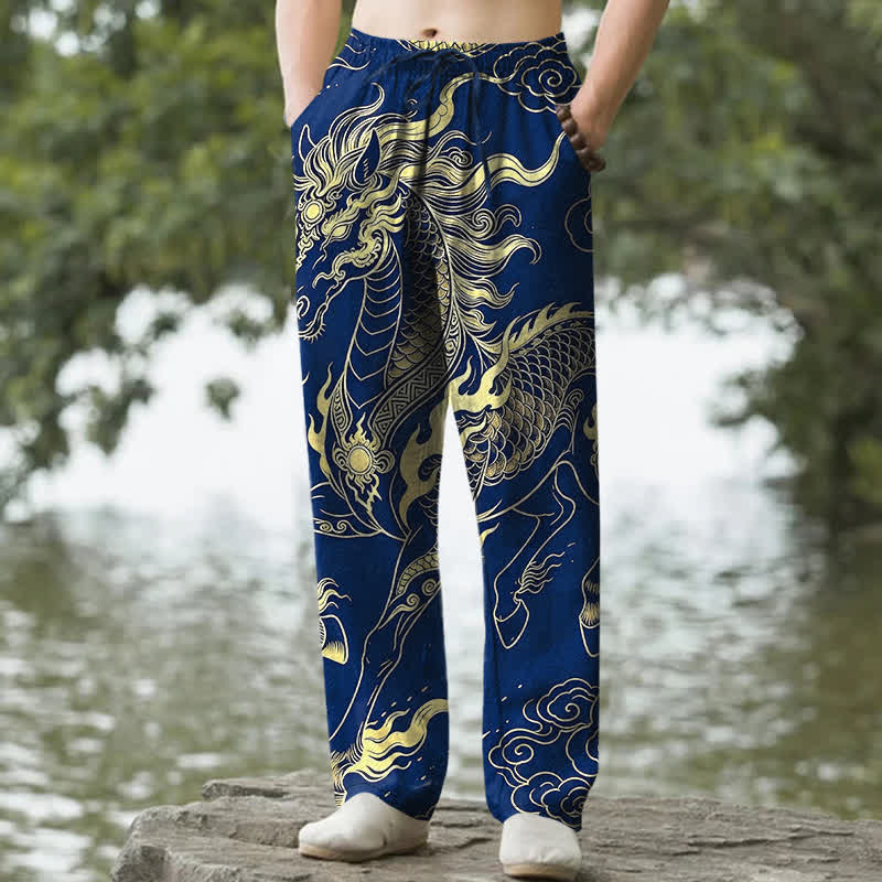 Buddha Stones Herren-Baumwollhose mit goldenem Drachen- und Wolkenmuster, schmal zulaufend und mit Taschen - Marine - US/ UK/AU50, EU60 (5XL) - image 6