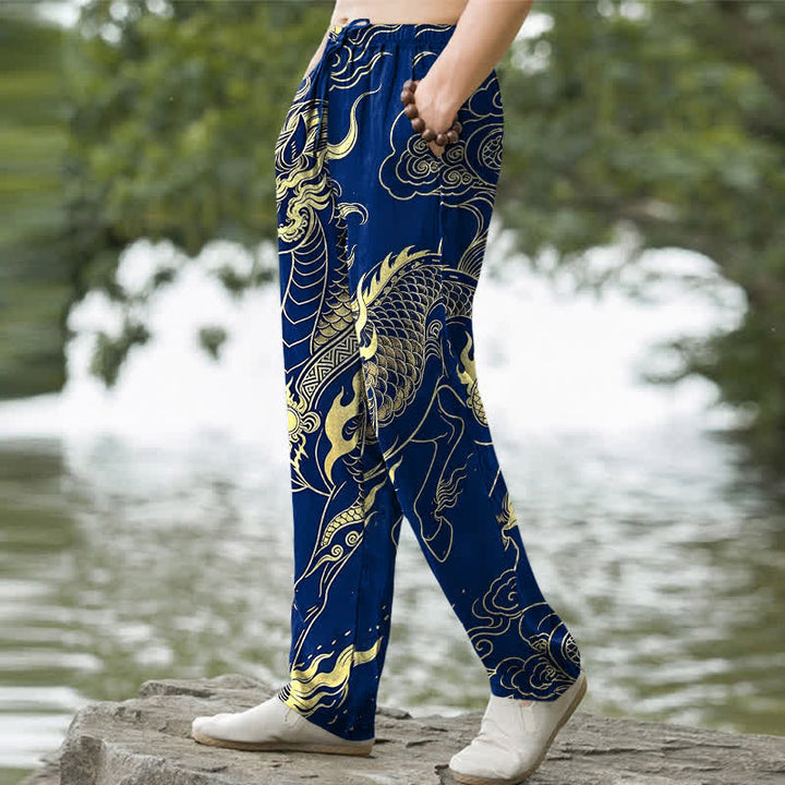 Buddha Stones Herren-Baumwollhose mit goldenem Drachen- und Wolkenmuster, schmal zulaufend und mit Taschen - image 7