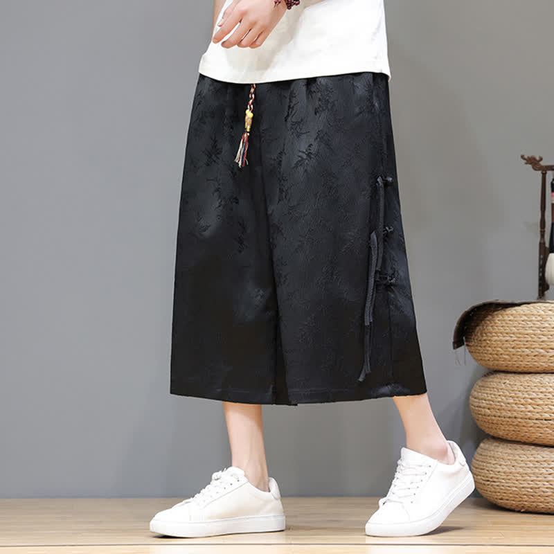 Buddha Stones Sommerliche Tang Style Herrenhose mit geradem Bein, seitlichem Froschknopfverschluss und Taschen - Schwarz - US/ UK/AU48, EU58 (5XL) - image 0
