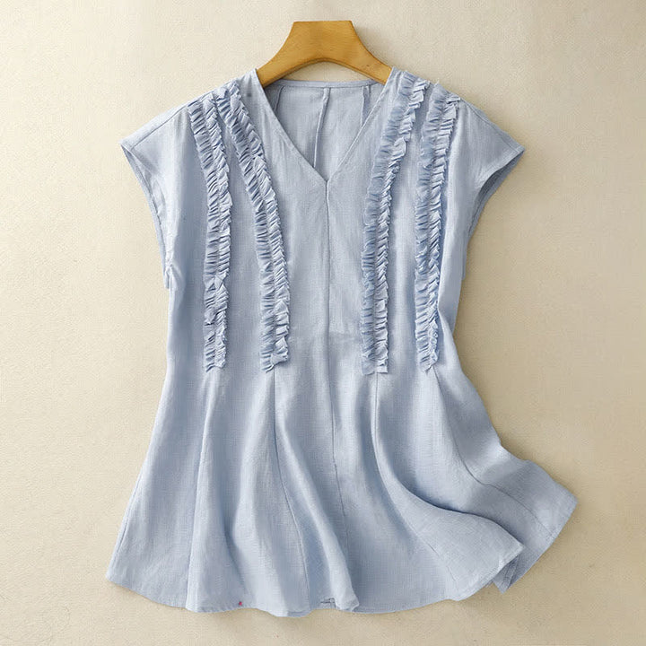 Buddha Stones Lässiges, ärmelloses Damen-Tanktop mit V-Ausschnitt, vertikalen Rüschenfalten und sommerlichem Schnitt - image 0